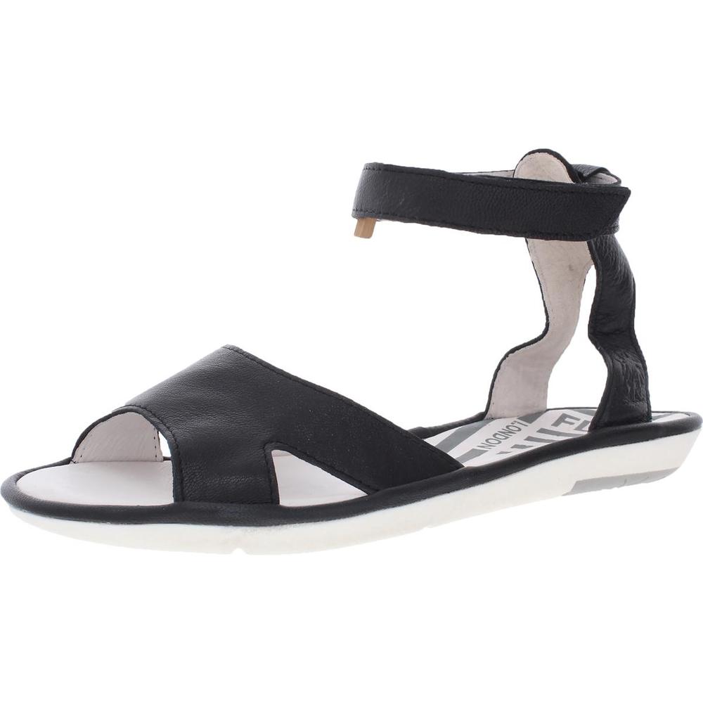 FLY London Womens Mafi857 Black Leather Open Toe Flat Sandals Shoes NWT